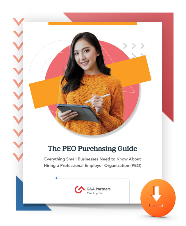 The PEO Purchasing Guide flyer with a woman smiling and holding a tablet and pen. There is a yellow download button in the bottom right corner.