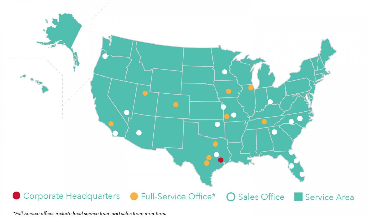 Map of United States showing G&A Partners' office locations and service centers.