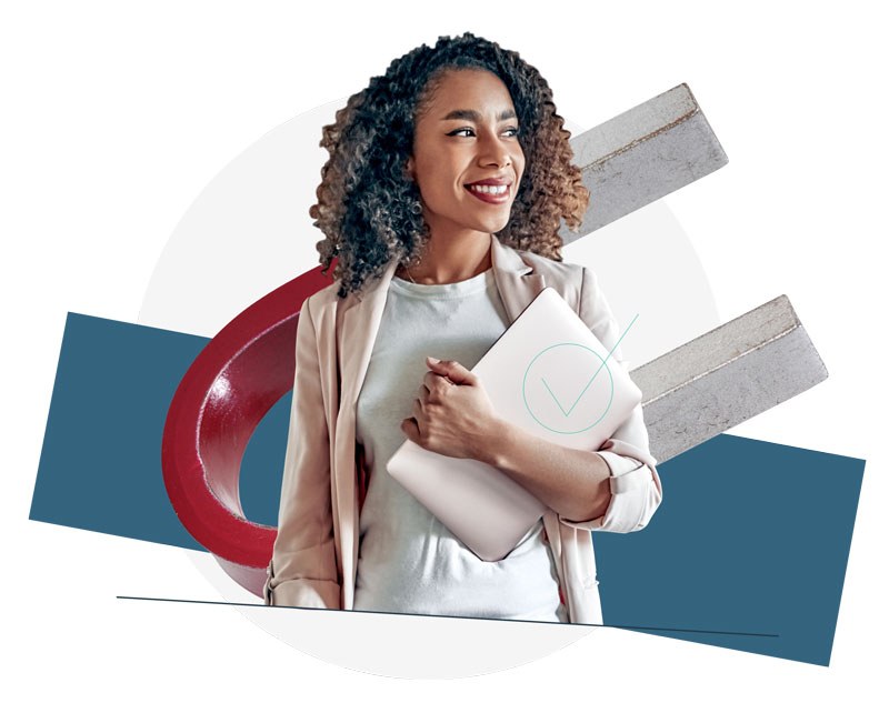 Woman holding a laptop in front of an icon of a red and silver magnet.