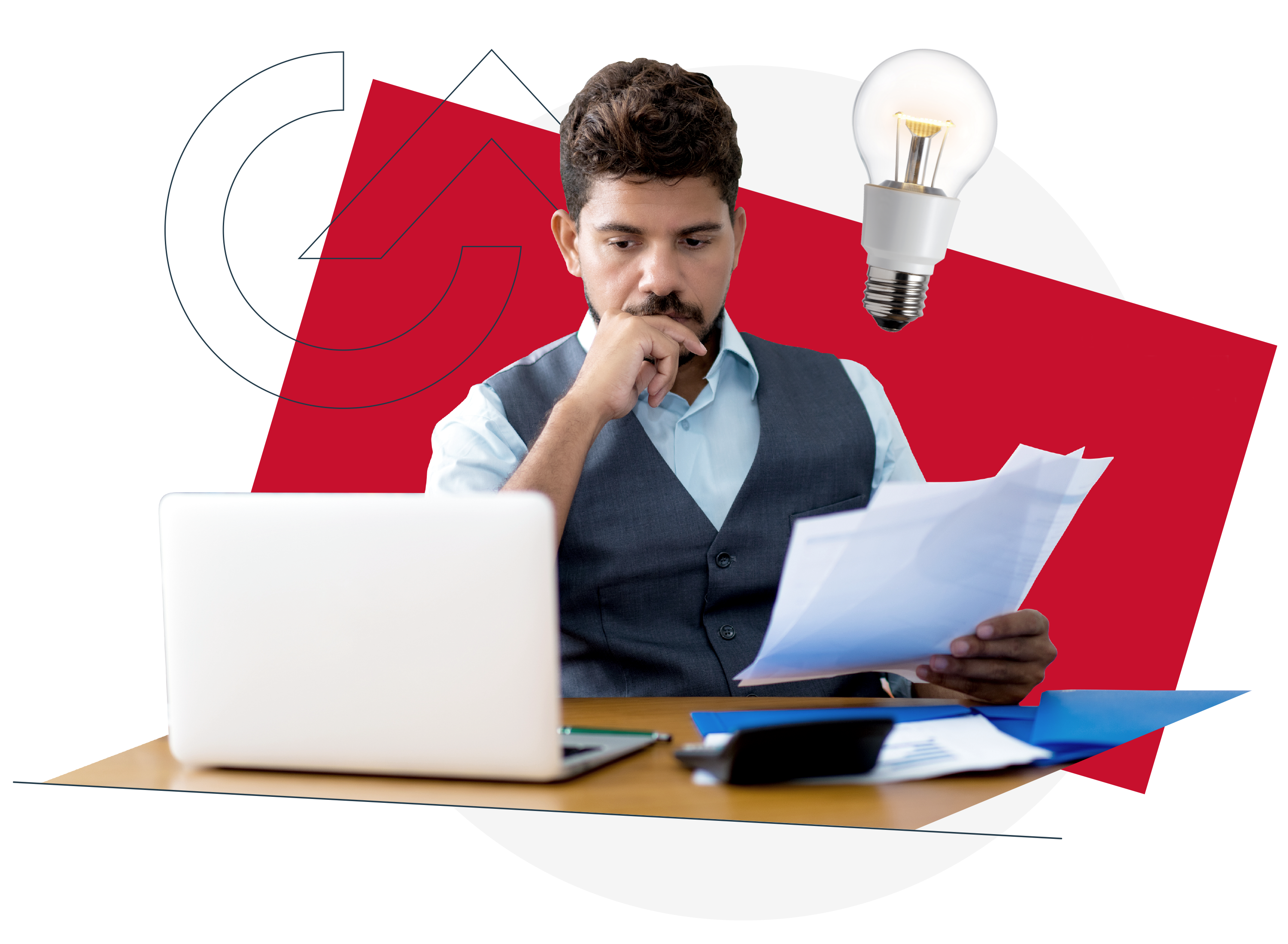 Man staring at a computer with papers in his hand. The G&A logo and red color is placed behind him.