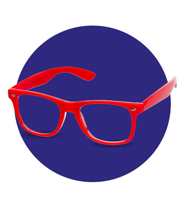 A pair of bright red eyeglasses set against a dark blue circular backdrop.