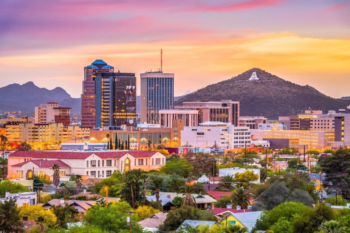 Tucson, Arizona skyline at dusk