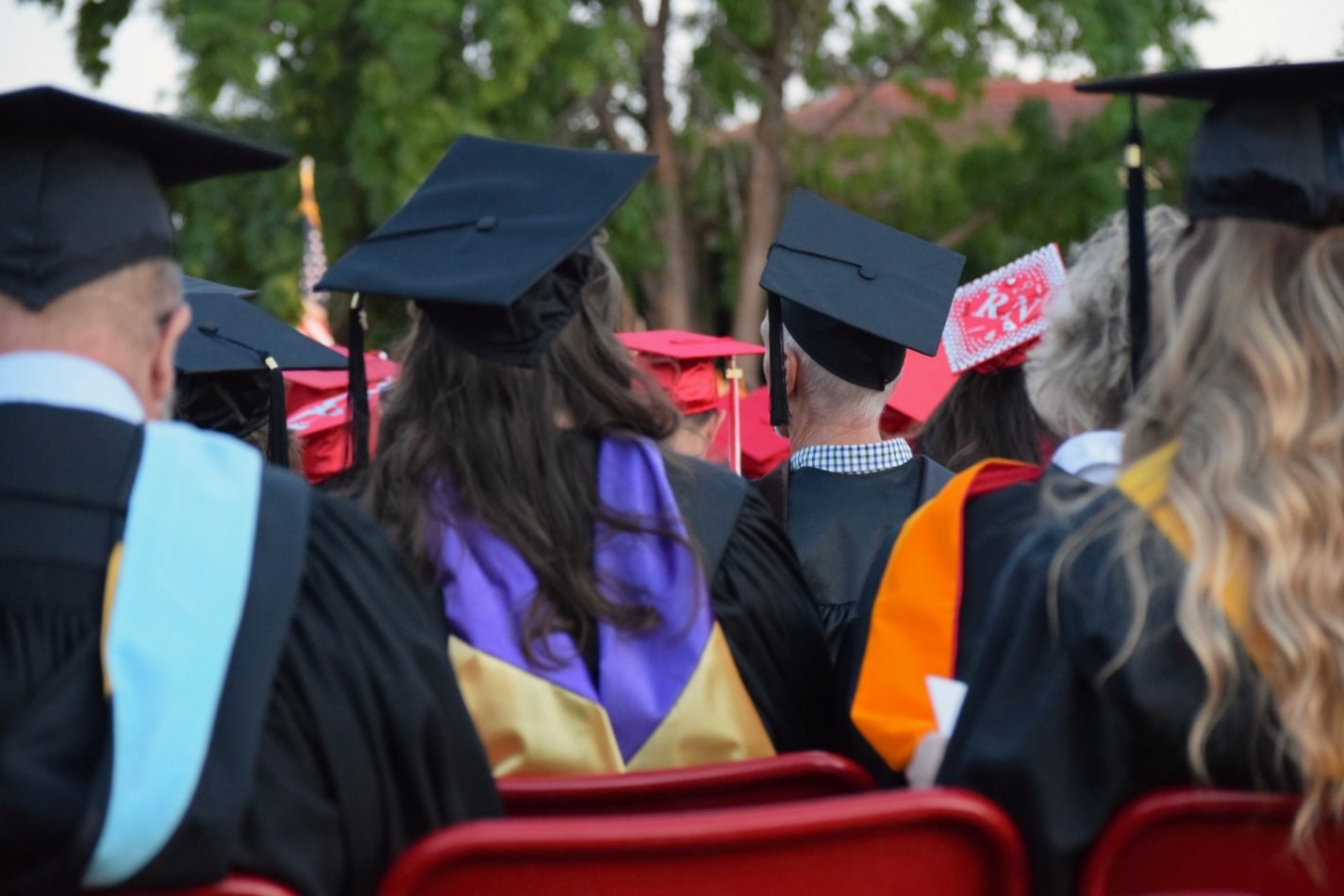 Back-view of college graduates in caps and gowns during a graduation ceremony