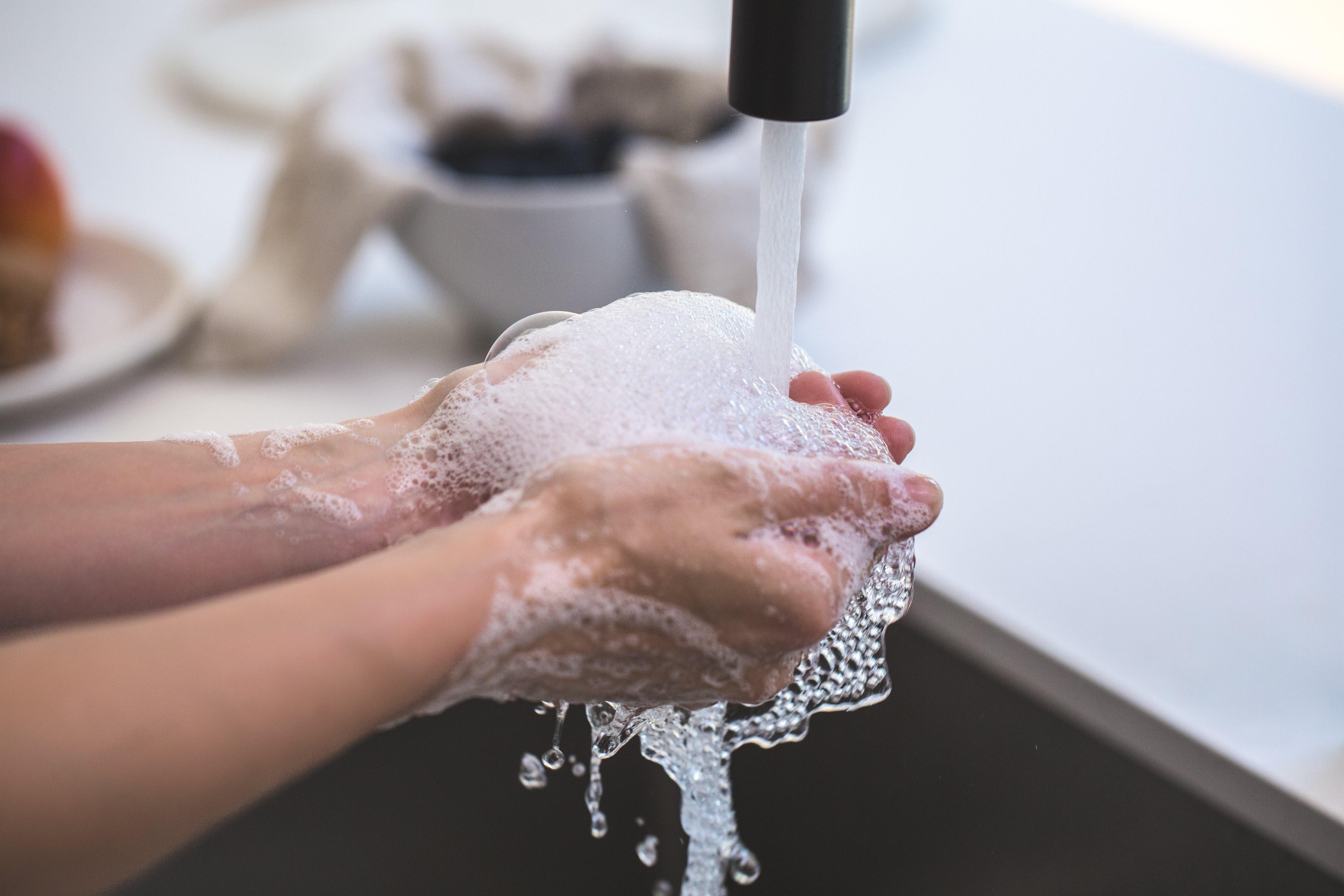 Two hands covered in soap under running water in a sink.